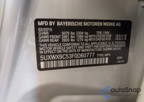 2015 BMW X3 xDrive28I z USA, uszkodzony, nr VIN 5UXWX9C53F0D60777